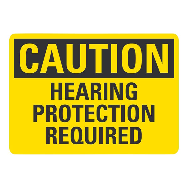 A yellow Lavex adhesive vinyl safety label with black text reading "Caution Hearing Protection Required"