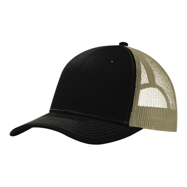 A black and tan Port Authority trucker cap with a mesh back.