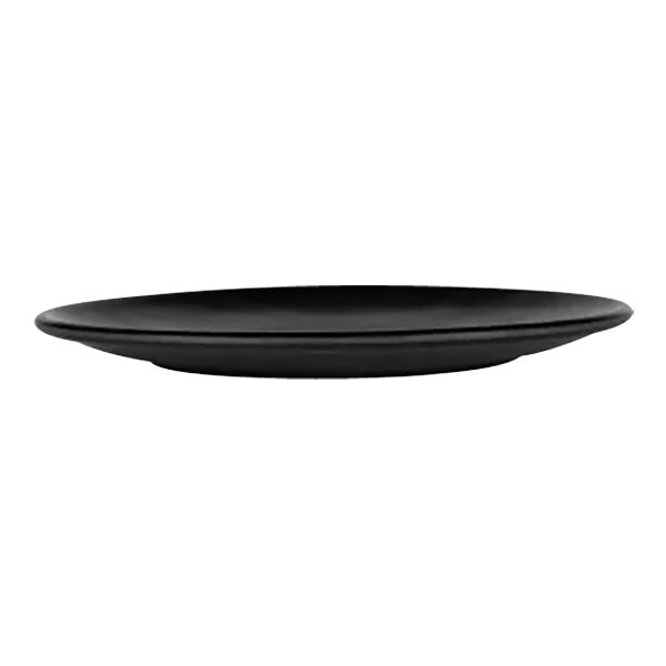 A black Elite Global Solutions Tenaya melamine plate on a white background.