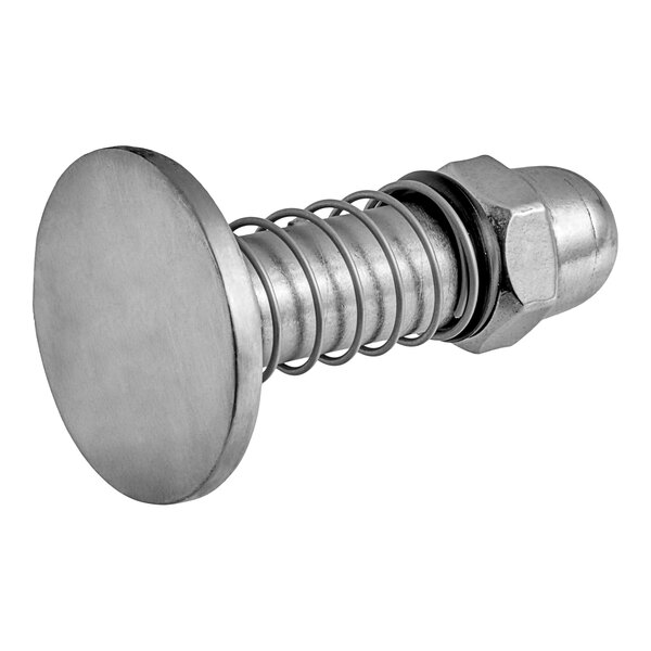 A stainless steel pressure release valve for a sausage stuffer with a nut on it.