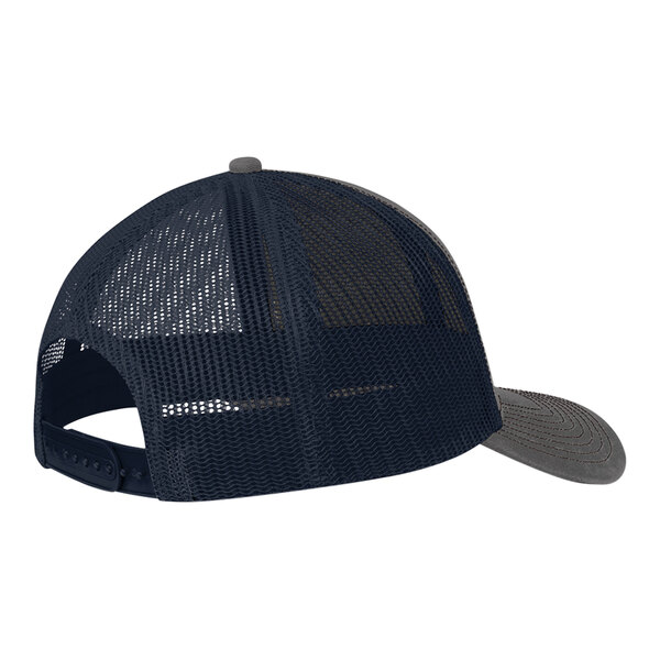 A black and grey Port Authority trucker cap with a mesh back.