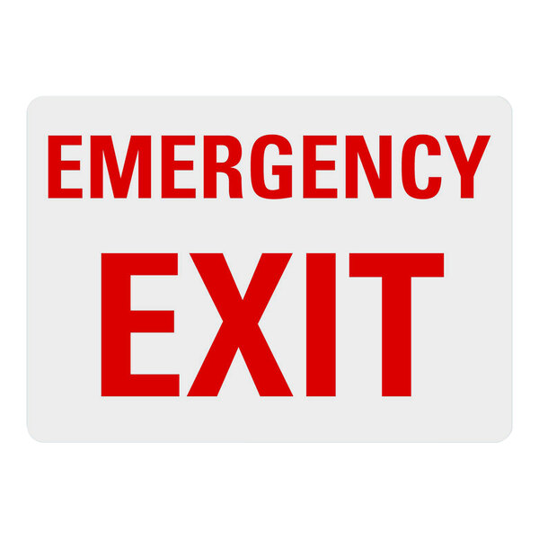 A white sign with red text that reads "Emergency Exit"