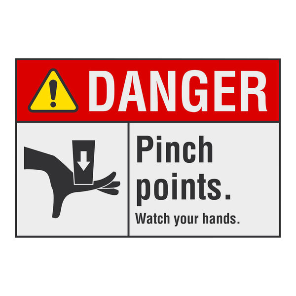 A black and white rectangular safety label with the words "Danger / Pinch Points / Watch Your Hands" in black and white text.