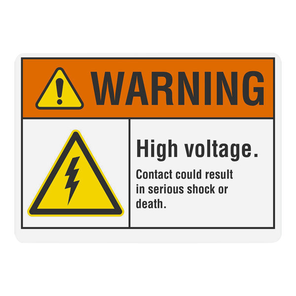 A Lavex warning label with black text and a yellow triangle with the words "High Voltage Contact Could Result in Serious Shock or Death"