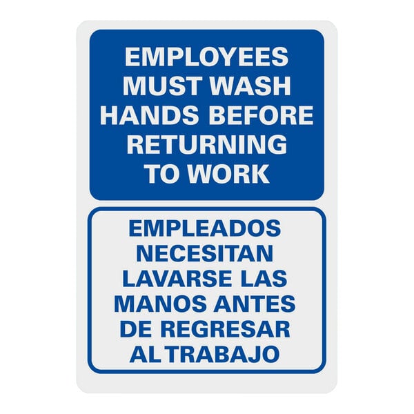 A blue and white Lavex plastic sign that reads "Employees Must Wash Hands Before Returning To Work"