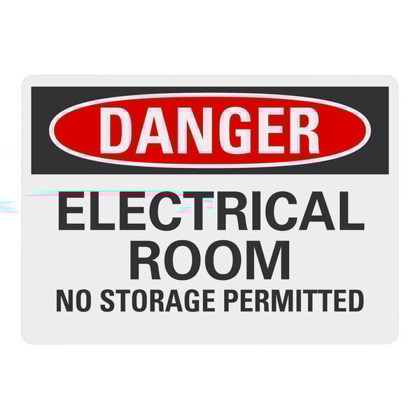A white Lavex safety label with black text that reads "Danger Electrical Room No Storage Permitted"