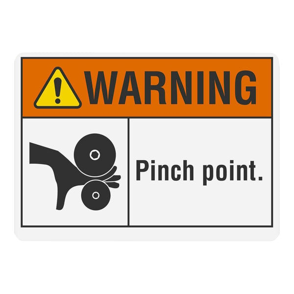 A Lavex adhesive safety label with a black and white image of a pinching point.