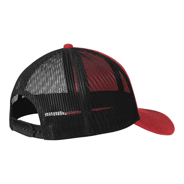 A red and black Port Authority trucker cap with a mesh back.