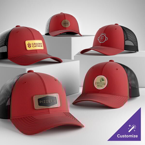 A collection of customizable flame red and black 6-panel trucker caps with mesh backs, displayed on white platforms.