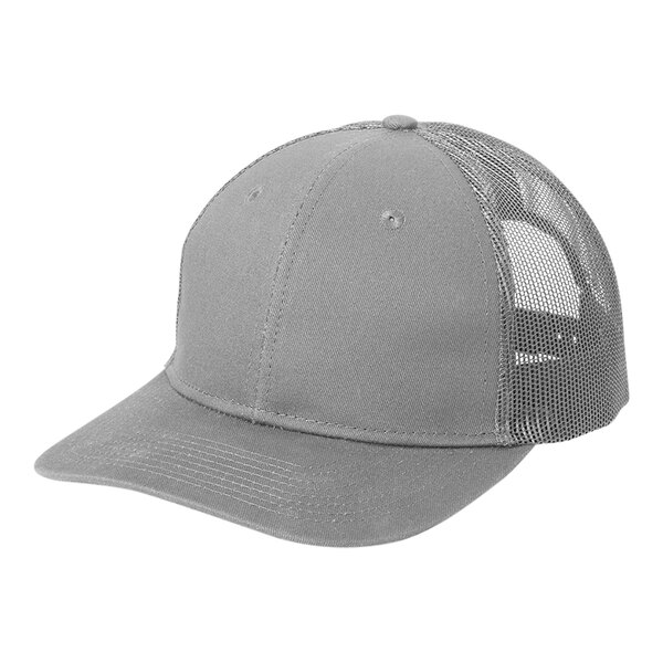 A Port Authority Gusty Grey trucker cap with mesh back.