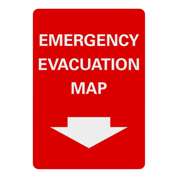 A red and white Lavex aluminum sign with white text reading "Emergency Evacuation Map" and a down arrow.