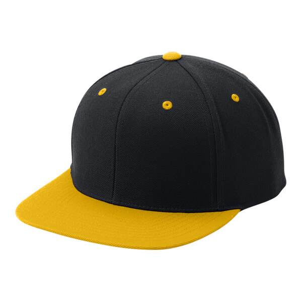 A black and gold Sport-Tek snapback cap with 6 panels.