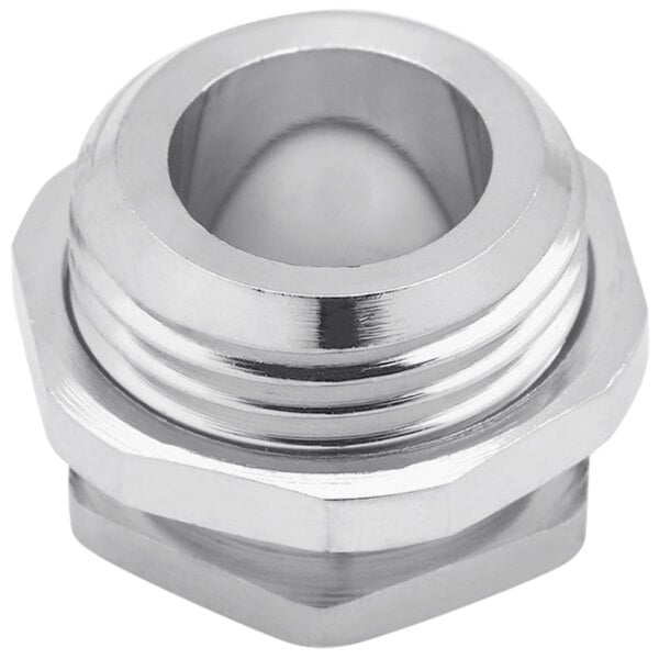 A silver metal T&S lock nut assembly with a hole in it.