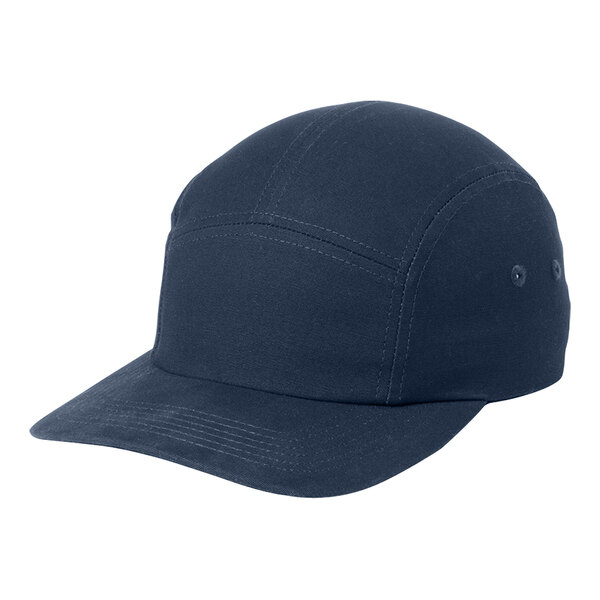 A navy cap with white stitching on the front panel.
