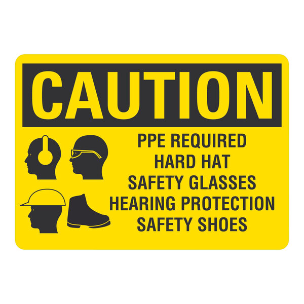 A yellow non-reflective aluminum sign with black text reading "Caution PPE Required Hard Hat Safety Glasses Hearing Protection Safety Shoes"