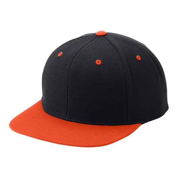 A black and deep orange Sport-Tek 6-panel baseball cap with a snapback.