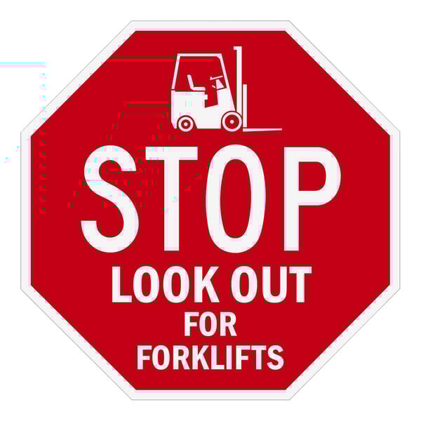 a red and white sign with a forklift