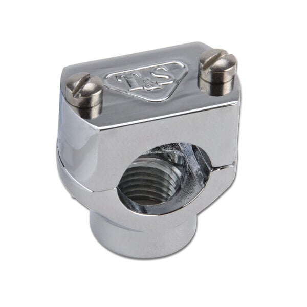 A T&S stainless steel faucet clamp assembly with screws.