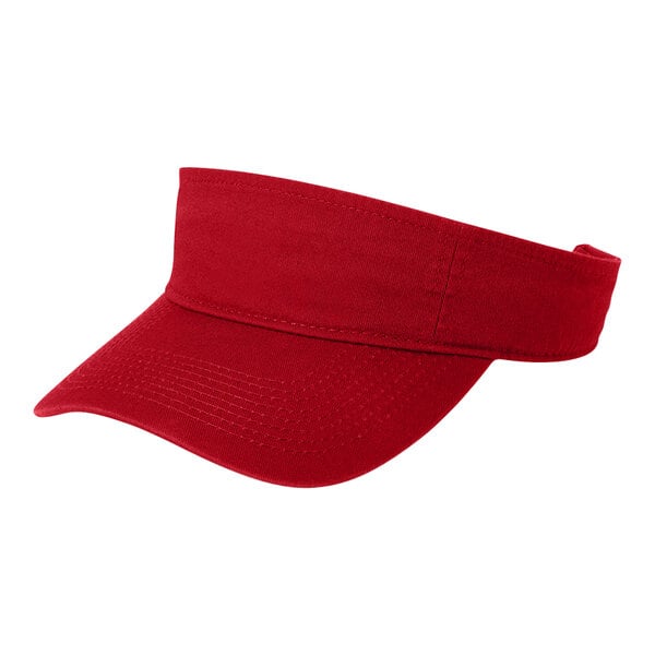 A close-up of a red Port & Company visor.
