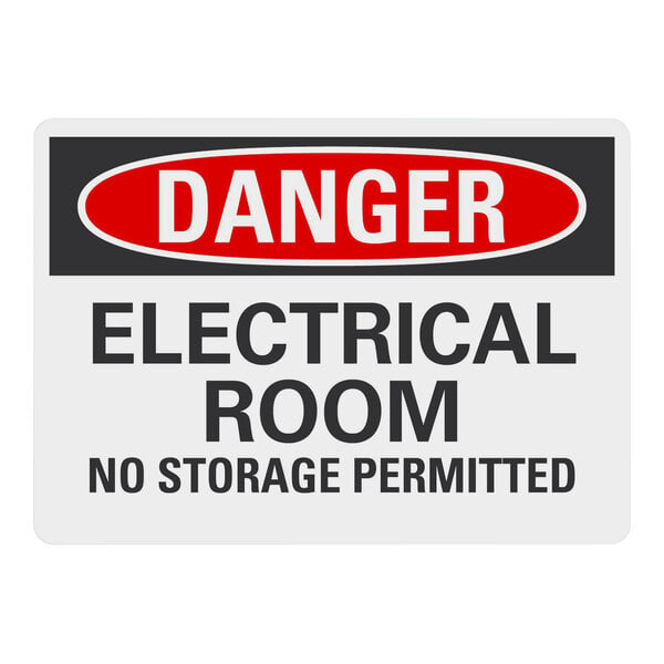 A white Lavex adhesive vinyl safety label with black text that reads "Danger Electrical Room No Storage Permitted"