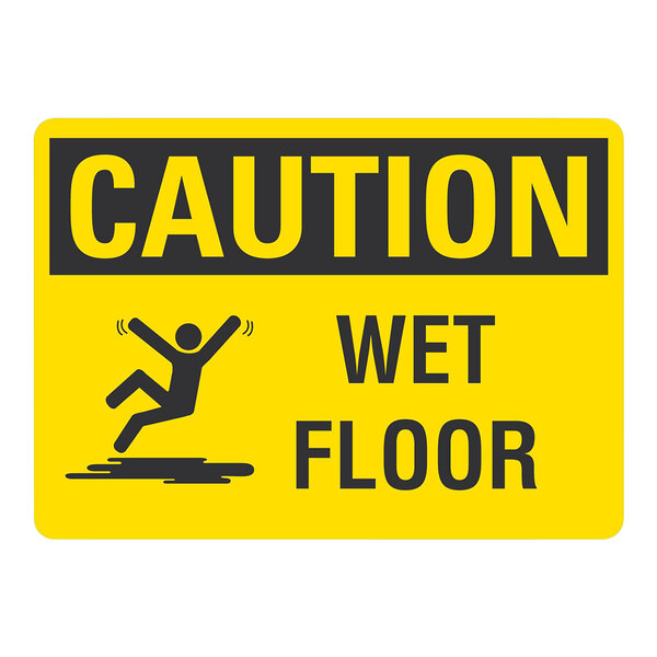 A yellow Lavex adhesive vinyl "Caution / Wet Floor" safety label with a person falling.