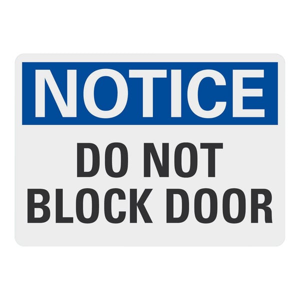 A white rectangular Lavex Safety Label with blue and white text reading "Notice / Do Not Block Door"