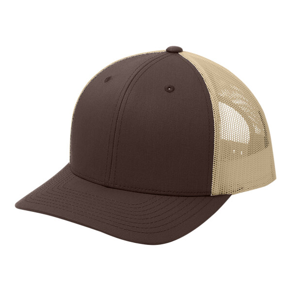 A brown and tan Sport-Tek trucker cap with mesh back and front.