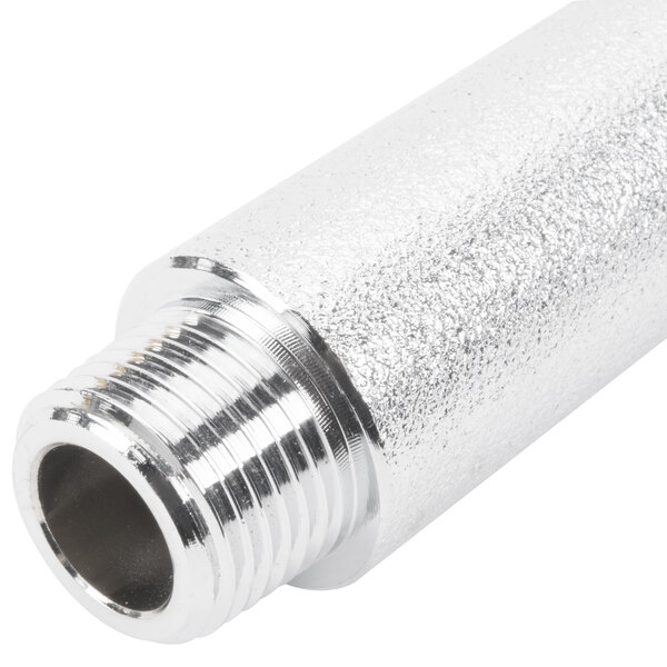 A close up of a chrome nozzle assembly with a silver pipe.