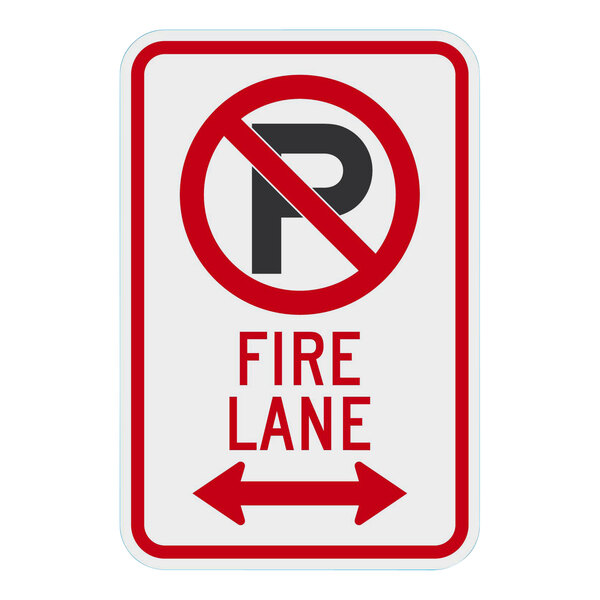 A white reflective aluminum sign with red and black text reading "No Parking / Fire Lane" with a red border and double arrow pointing right.