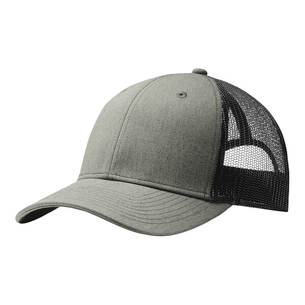 A heather grey Port Authority trucker cap with black mesh back.