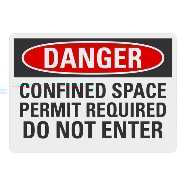 A close-up of a Lavex reflective adhesive vinyl safety label that says "Danger / Confined Space / Permit Required / Do Not Enter"