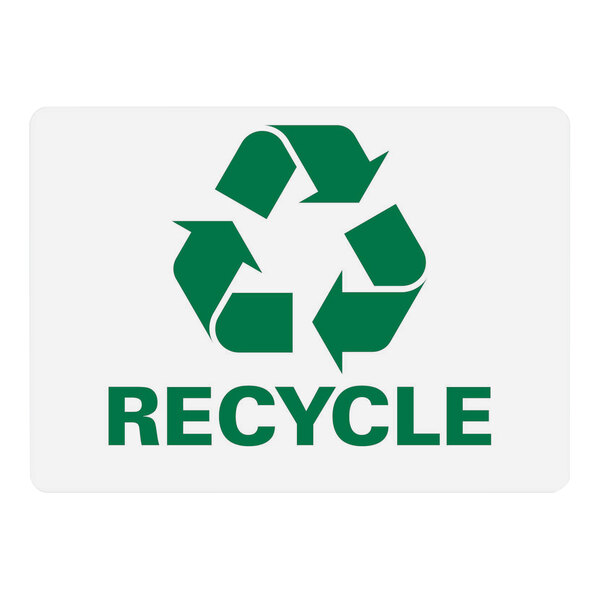 A green recycle symbol with white text reading "Recycle" on a white background.