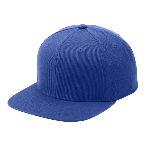 A blue baseball cap with a white background.