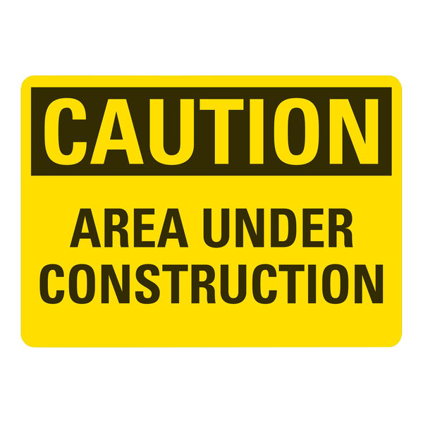 A yellow Lavex plastic construction sign that reads "Caution / Area Under Construction"