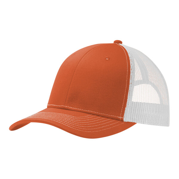 A close-up of a Port Authority Texas orange and white trucker cap with a mesh back.