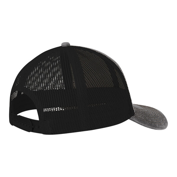 A black and grey Port Authority trucker cap with a mesh back.