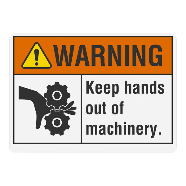 A white rectangular label with black text reading "Warning / Keep Hands Out of Machinery" and symbols in black, orange, and white.