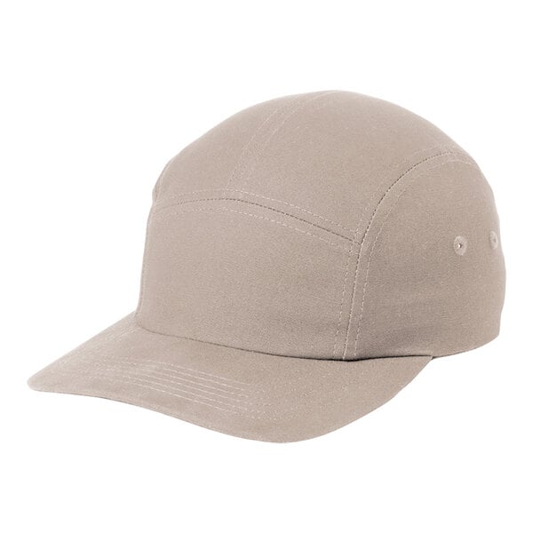 A khaki 7-panel cap with a white brim.