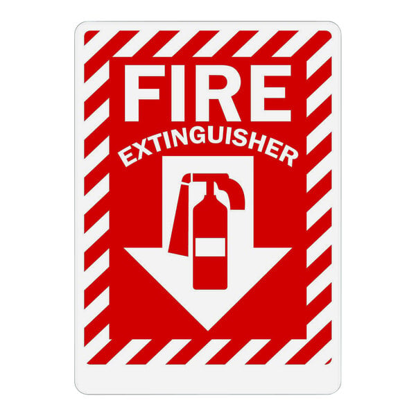 A red and white Lavex safety label with a fire extinguisher and arrow.