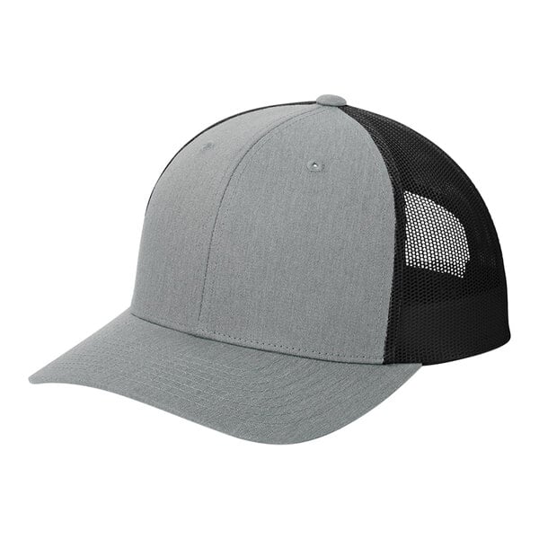 A grey and black Sport-Tek trucker cap with mesh back.