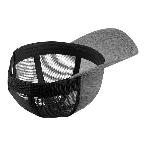 A gray and black Sport-Tek trucker cap with black mesh.