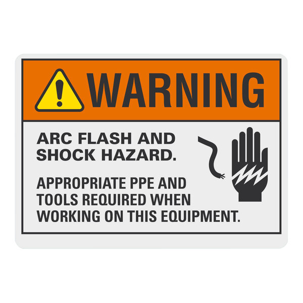 An orange and white Lavex aluminum safety sign with the words "Warning: Arc Flash And Shock Hazard" and symbols.