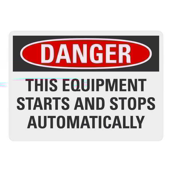 A white rectangular Lavex adhesive vinyl safety label with black text reading "Danger / This Equipment Starts And Stops Automatically"