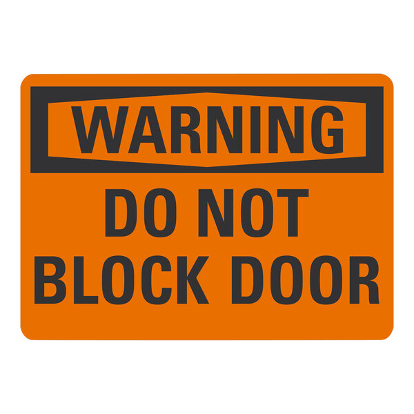 A white rectangular Lavex warning label with black text that reads "Warning / Do Not Block Door" 