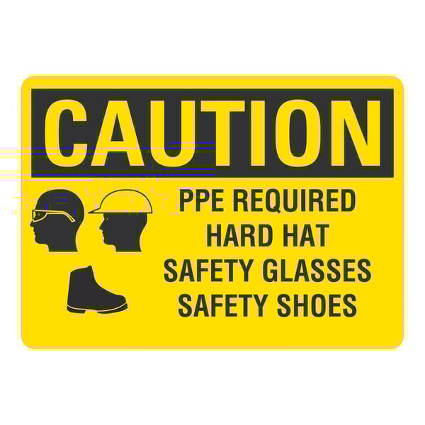 A yellow and black Lavex safety label with text and silhouettes reading "Caution PPE Required Hard Hat Safety Glasses"