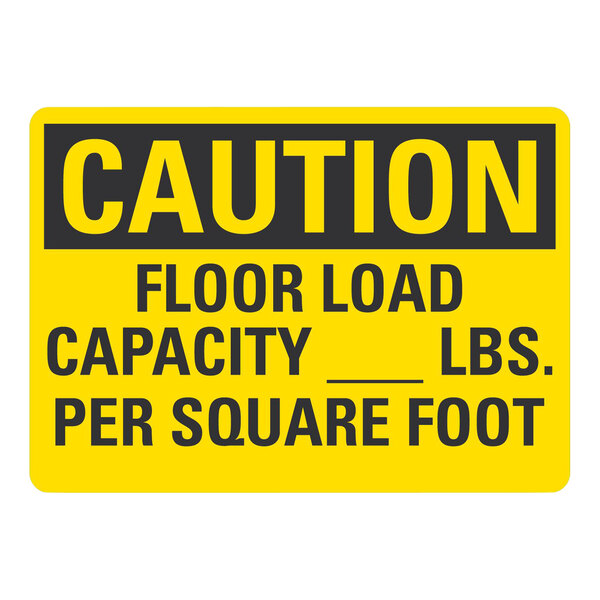 A yellow and black rectangular aluminum sign that says "Caution Floor Load Capacity (Blank) Lbs. Per Square Foot"