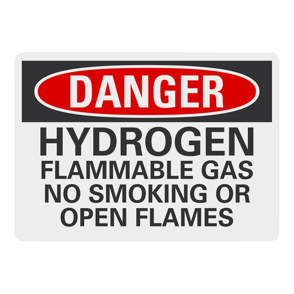 A white Lavex plastic safety sign with text that reads "Danger Hydrogen Flammable Gas No Smoking Or Open Flames"