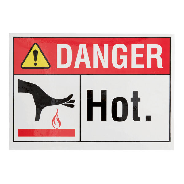 A rectangular non-reflective adhesive vinyl safety label with the words 'Danger / Hot' and warning symbols.