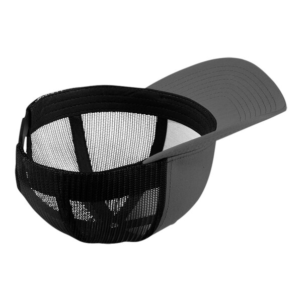 A black and grey Sport-Tek trucker cap with black mesh.