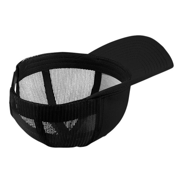 A black Sport-Tek trucker cap with a mesh back.